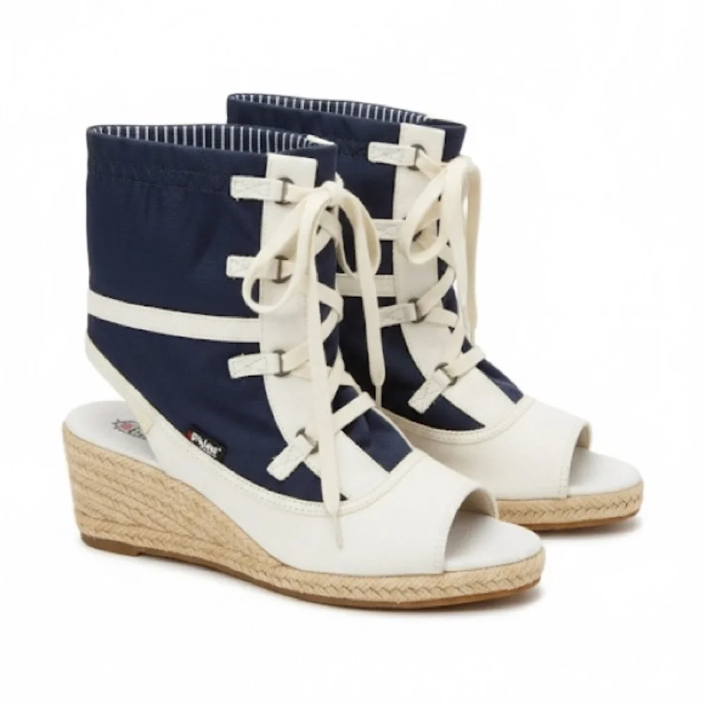 NWOT Pajar Nautical Navy Canvas Lace Up Espadrille Wedge Bootie Sandals 7